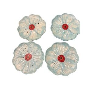 Gates Ware Flower Shaped Dessert Plate Set Red Center Light Blue Set of 4